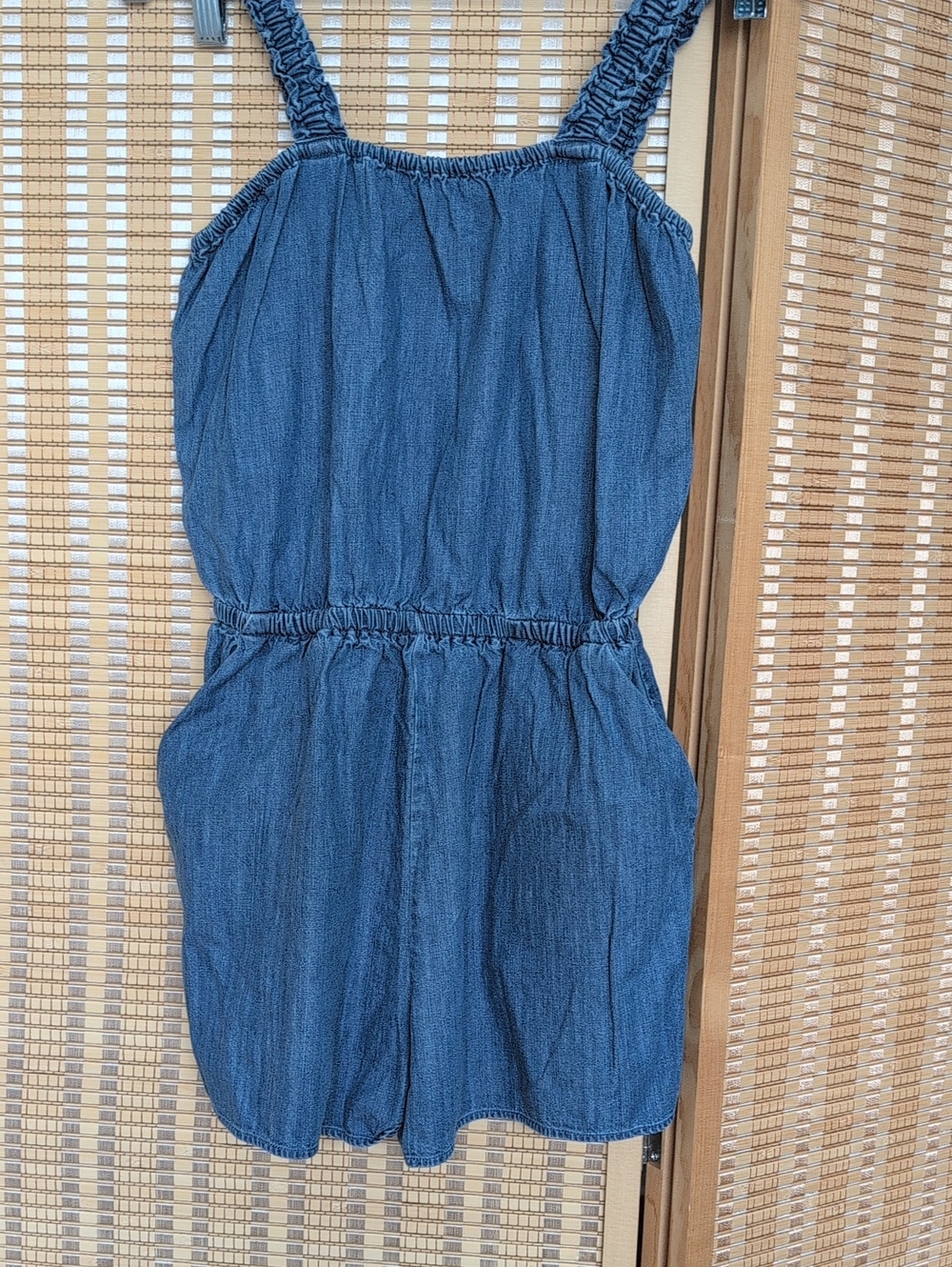 Express Blue Denim Romper with Elastic Smocked Waist & Straps - Pockets